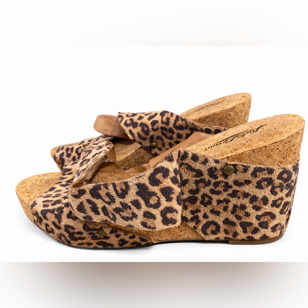 Lucky Brand Cheetah Print Leather Cork Wedge Sandals 9.5 🐆✨